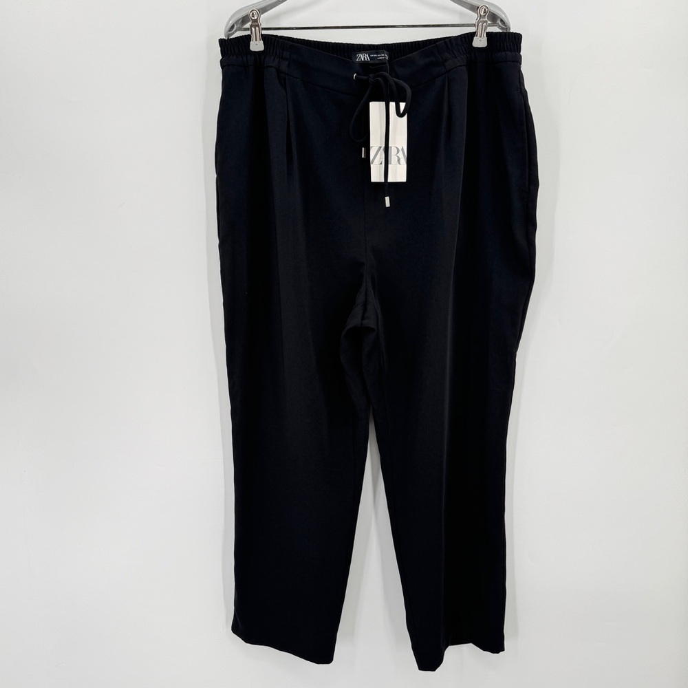 Zara Women's Black High-Waist Trouser Pants sz XXL 2XL Drawstring Elastic Waist